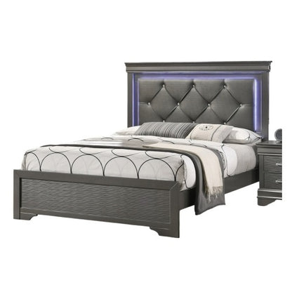 US Local Dark Gray Faux Leather Tufted Headboard 1pc Queen Size Bed W LED Bedroom Furniture Gray Unique Texture FB Solid Wood