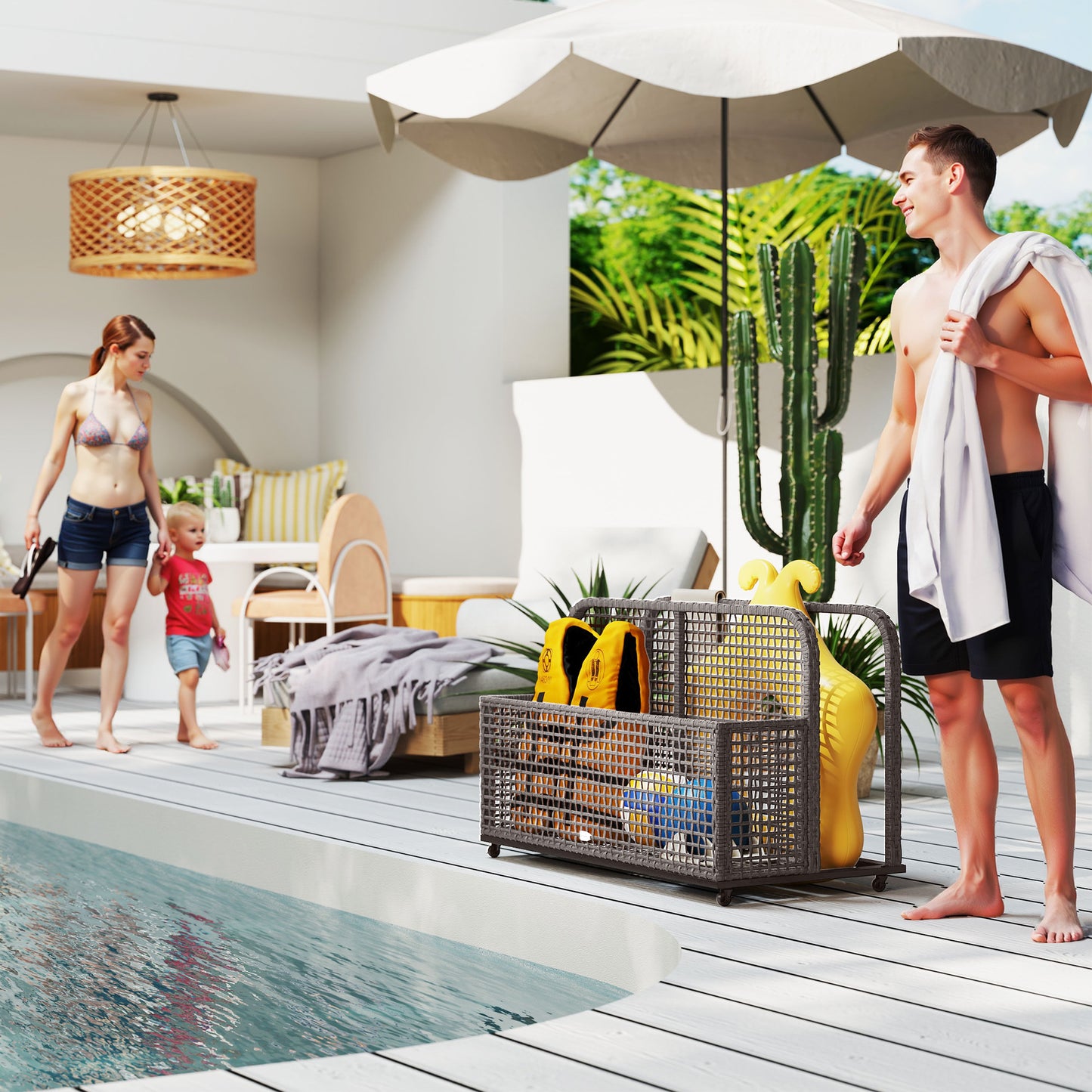 Pool Float Storage, Pool Caddy, With Wheels, 43.25 L X 22.5 W X 28 H, Light Gray
