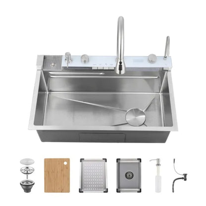 US Local Pull-out Facuet Single Bowl Sink Kitchen Vegetable Sink 304 Whale Waterfall Sink Dish Sink Household Vegetable Washing Basin