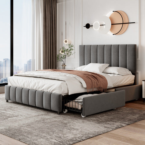 UK Local 4ft6 Double Upholstered Bed With 4 Storage Drawers, Velvet Platform Bed Frame With Adjustable Channel Tufted Headboard, Metal-Wood Support, No Box Spring Needed, Easy Assembly, Grey No Mattress