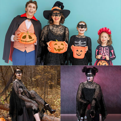 US Local 2 Pcs Halloween Poncho For Women Black Bat Spider Web Poncho And Lace Mask Masquerade Mask Halloween Party Cosplay Costume Accessory Day Of The Dead Costume