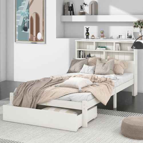 UK Local Bed With Shelves, White Wooden Storage Bed, Underbed Drawer - 3FT Single 90 X 190 Cm Frame Only