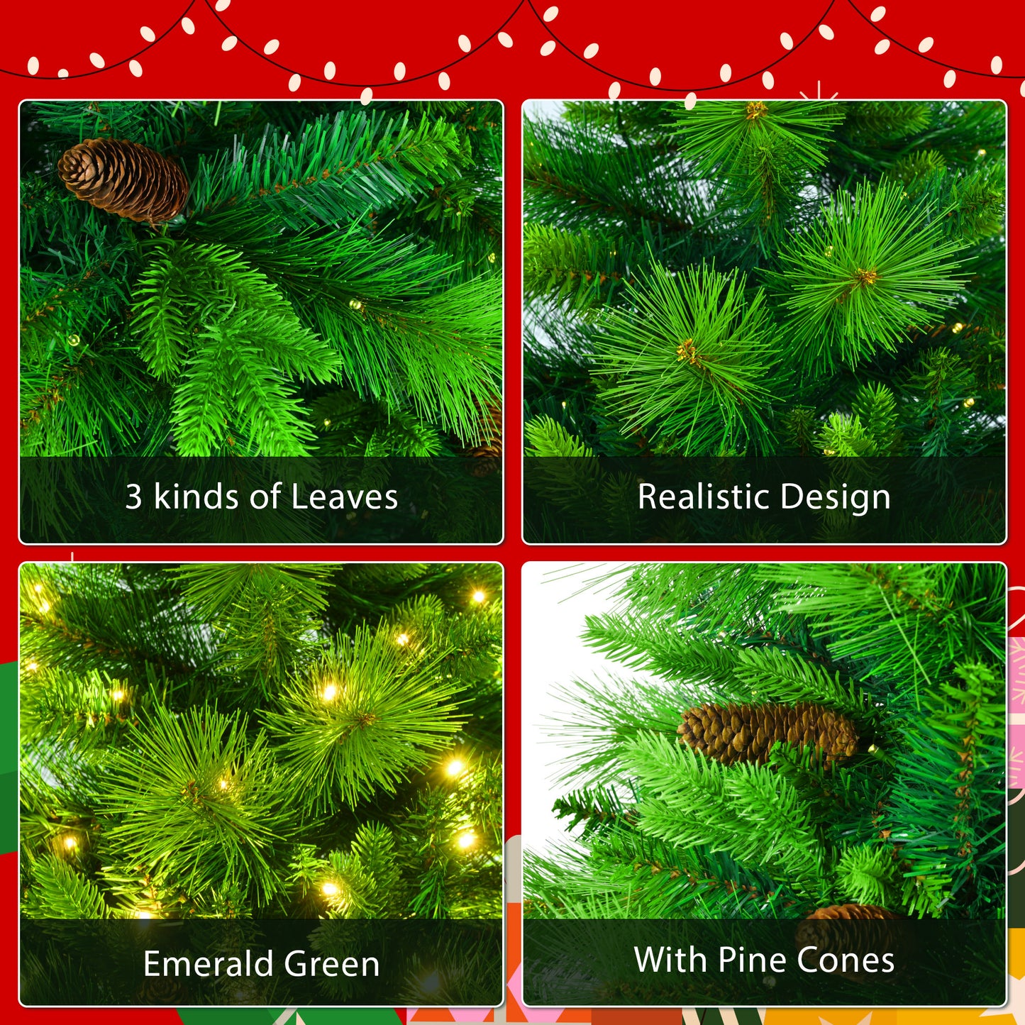 US Local 6 Ft Long Grass Green Christmas Tree, Big Branch Pine Tree, Pre-Installed Lighting Set With Tree & Garland & Garland, Artificial Christmas With Pine Cone, Articulated Christmas Tree For Holiday Part