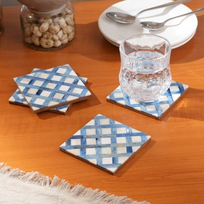 US Local White Blue Dyed Bone Inlaid Square Coaster Set