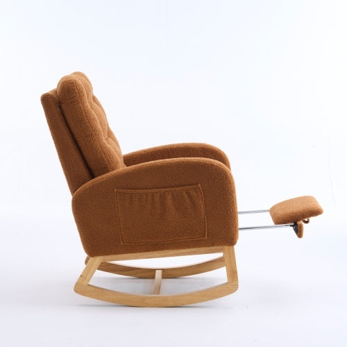 US Local LY-5104 Caramel Accent Rocking Chair With Footrest High Back Rubber Wood Rocking Legs Bedroom Living Space 26.77D X 38.36W X 39.76H Inch