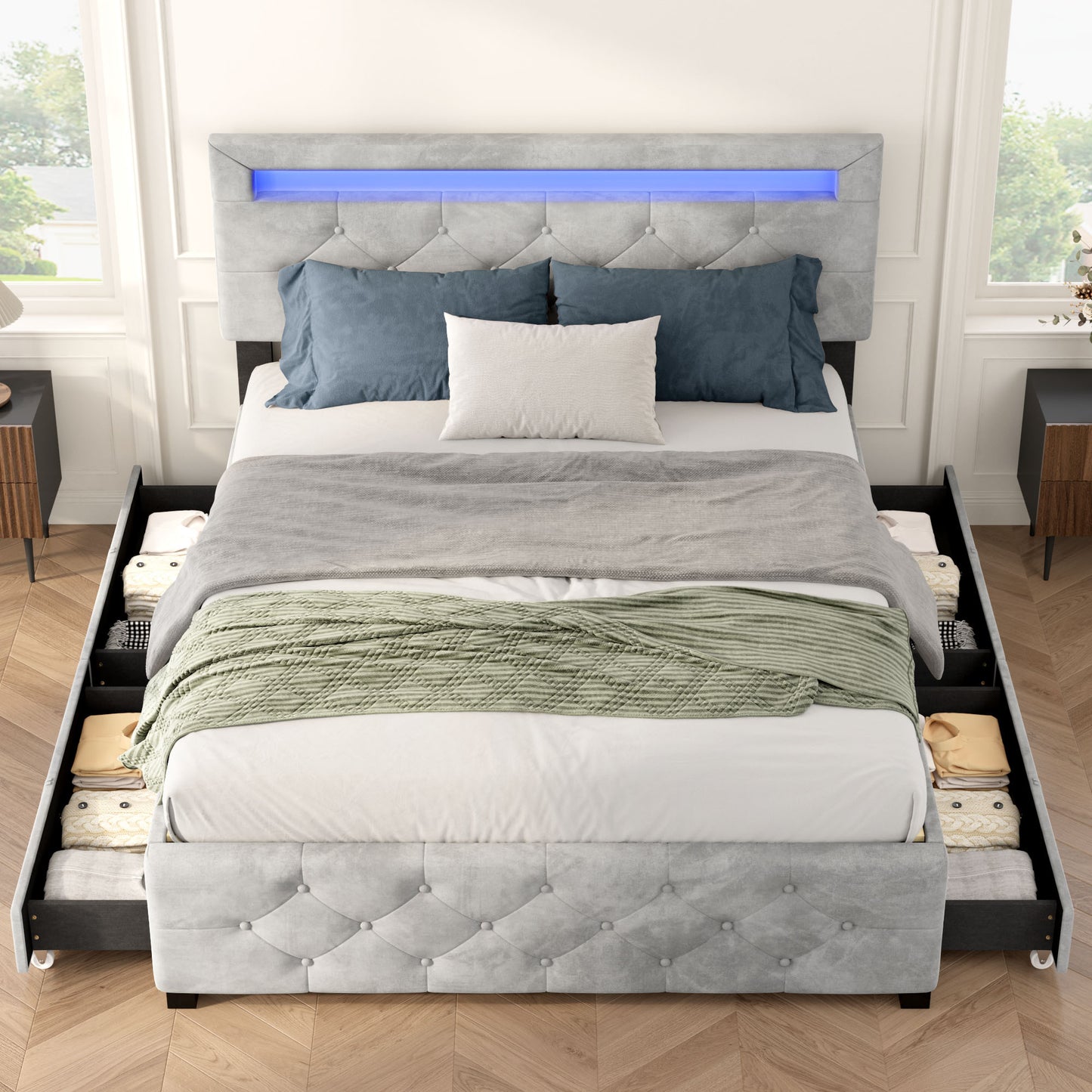 US Local Upholstered Platform Storage Bed Frame With 4 Drawers And LED Light,No Box Spring Needed