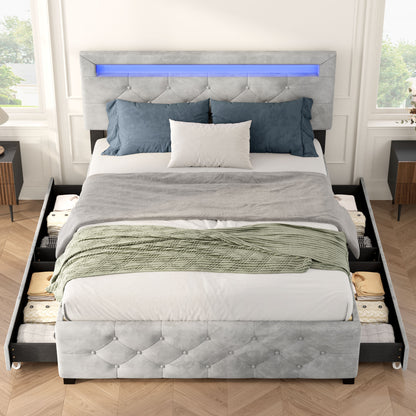 US Local Upholstered Platform Storage Bed Frame With 4 Drawers And LED Light,No Box Spring Needed