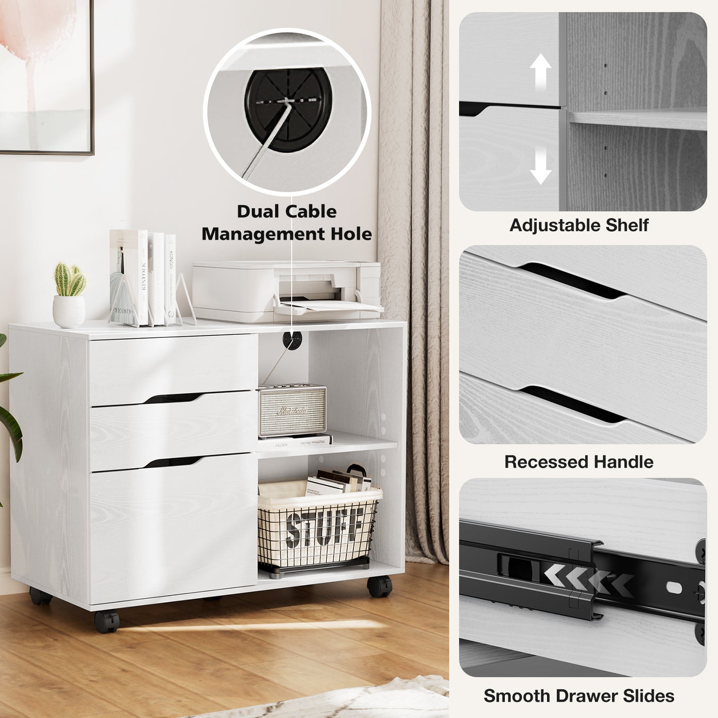 US Local 3 Drawer Mobile Rolling Lateral File Cabinet For Home Office And Kids Room