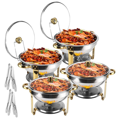 US Local 4 Pcs Chafing Dish Buffet Set 4.76QT Round Buffet Servers Food Warmer Stainless Steel Catering Chafer With Glass Lid For Warming Cooling Gatherings Banquets Buffets Party Wedding