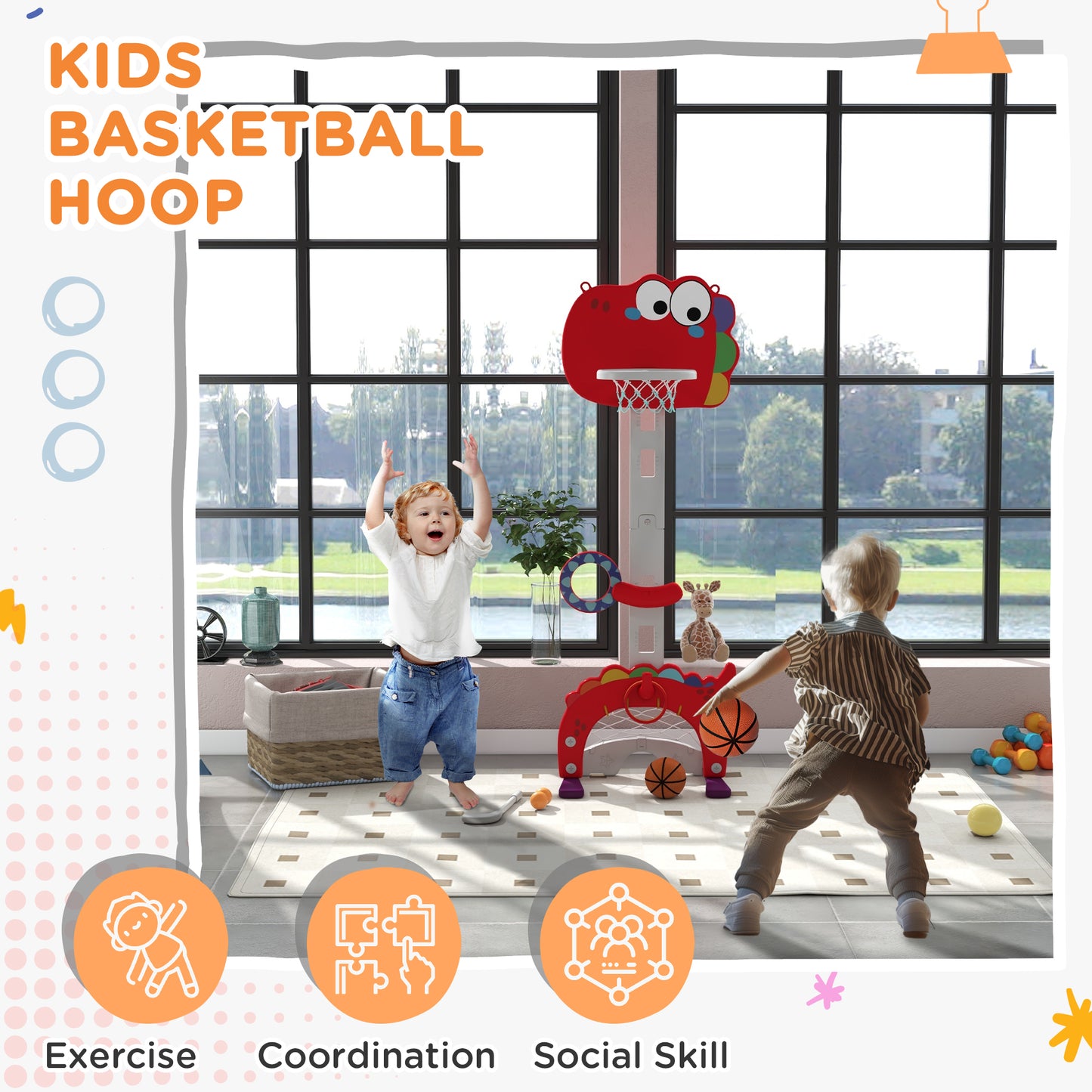 US Local Adjustable Height 4.4-5 ft Kids Basketball Hoop, 5 in 1 Design, for Indoor Use, Red