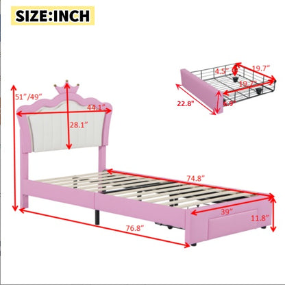 US Local Twin Size Upholstered Bed Frame With LED Lights, Modern Upholstered Princess Bed With Crown Headboard, A Drawer
