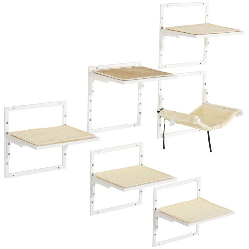 US Local PawHut 6-pc Modern Cat Wall Shelves For Indoor Cats, Height Adjustable Jumping Platforms