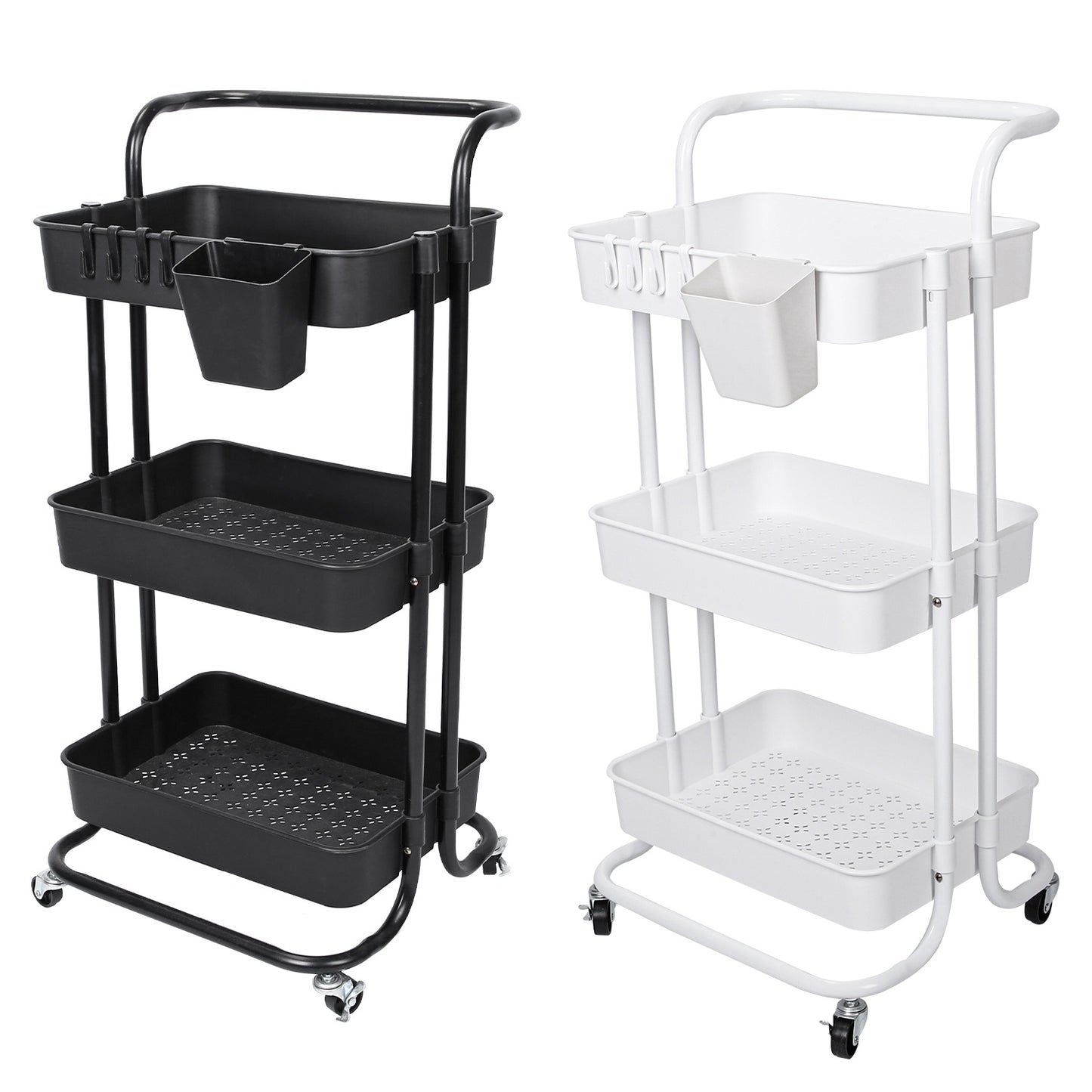US Local Black-White Color Options 1Pc 3 Tier Rolling Utility Cart Movable Storage Organizer With Mesh Baskets Lockable Wheels 360 Degree Rotatable Hanging Box Hooks Bedroom Bathroom Kitchen