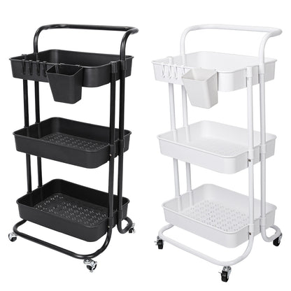 US Local Black-White Color Options 1Pc 3 Tier Rolling Utility Cart Movable Storage Organizer With Mesh Baskets Lockable Wheels 360 Degree Rotatable Hanging Box Hooks Bedroom Bathroom Kitchen