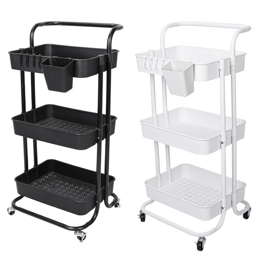 US Local Black-White Color Options 1Pc 3 Tier Rolling Utility Cart Movable Storage Organizer With Mesh Baskets Lockable Wheels 360 Degree Rotatable Hanging Box Hooks Bedroom Bathroom Kitchen