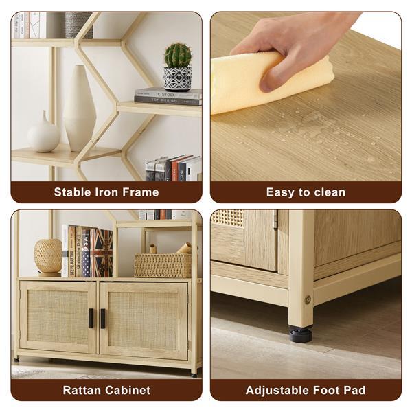 US Local Bookshelves In Rattan, 7-tier Bookcase Storage Shelves For Living Room, Home Office, Natural Color