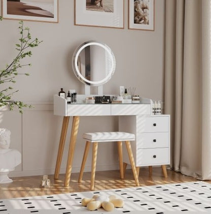 US Local Dressing Table With LED Lights Glass Top Dressing Table With Extendable Side Table 5 Drawers Dressing Table With Mirror And Stool For Bedroom