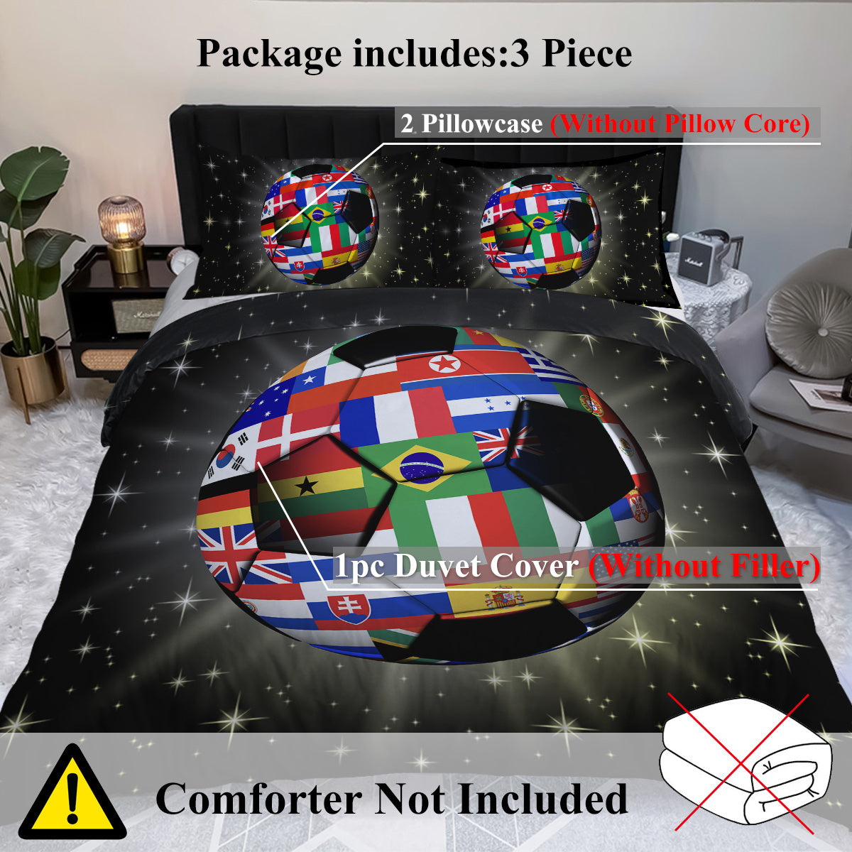 US & UK Local 3D Soccer Ball Bedding Set Football World Flags Print Duvet Cover Sets For Teen Boys Sports Bedding Sets Universe Stars Black Bed Quilt Cover