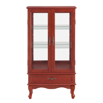 US Local Lighted Glass Cabinet Glass Wine Cabinet Curio Display Cabinet With Adjustable Glass Shelves 2 Doors And 1 Drawer Cabinet Bulb Included OAK