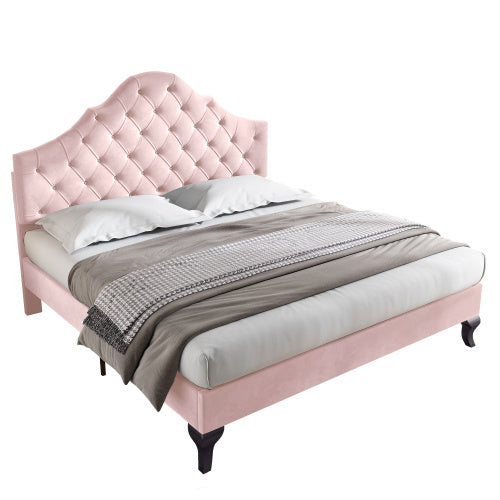 UK Local Upholstered Bed With Slatted Frame And Headboard, 4ft6 Double Bed,135x190,Upholstered Bed With Height-adjustable Headboard, Youth Bed, Wooden Slat Support, Easy Assembly, Velvet, Pink
