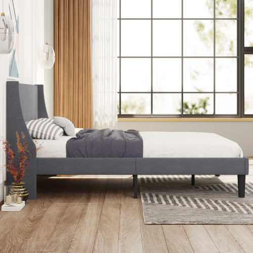 UK Local Double Bed Soft Linen Grey 4FT6 Upholstered Bed With Winged Headboard, Wood Slat Support