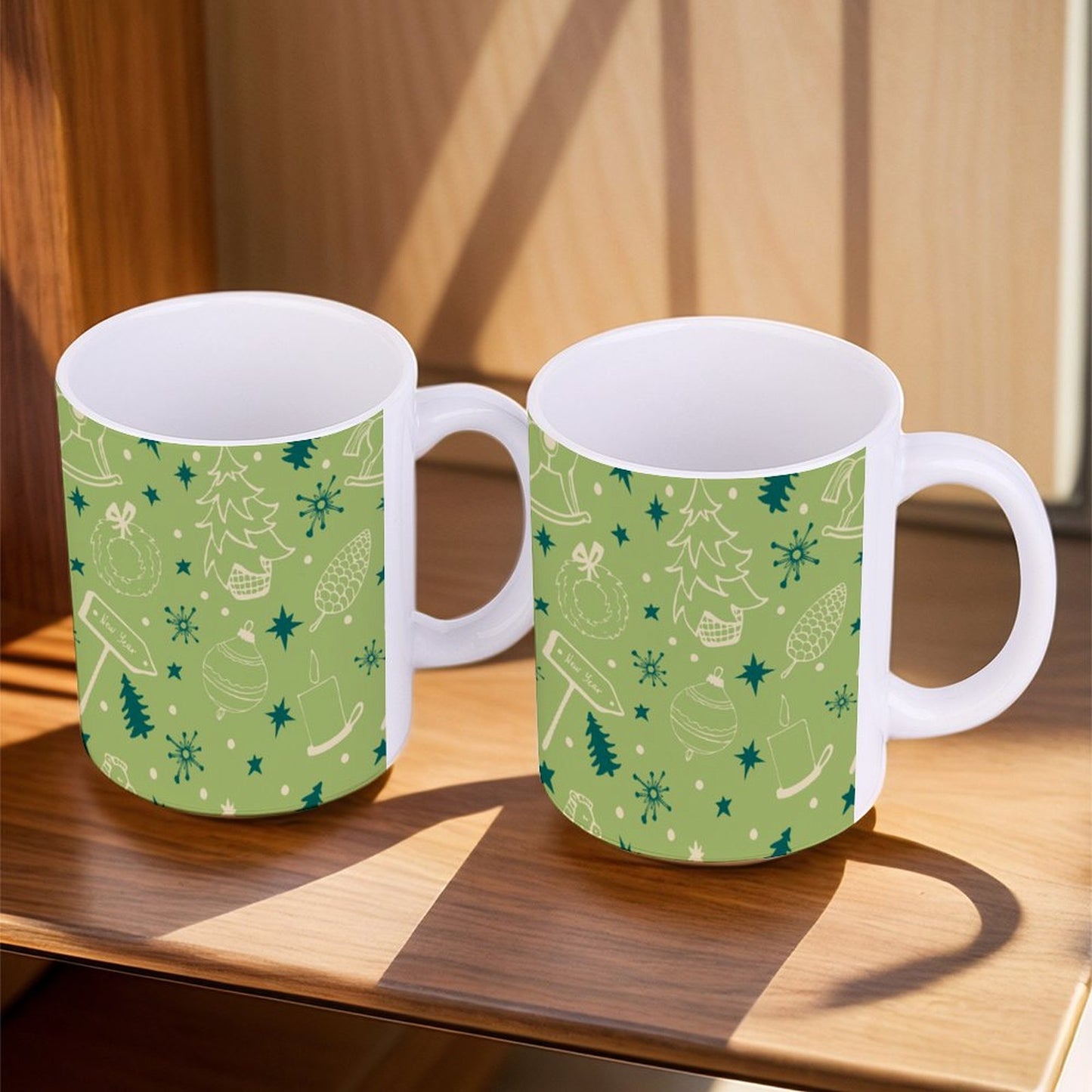 POD US Local White mug with full print, Christmas Trees, New Year, Trojans, Pinecones 0084