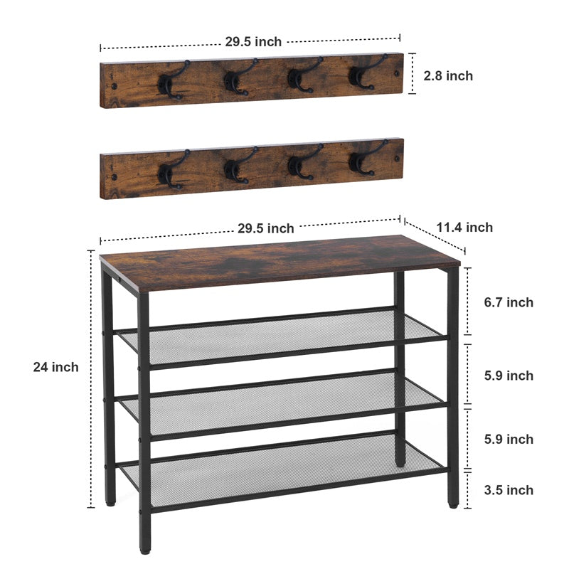 US Local 3-tier Shoe Rack With Grid Rack Wooden Rustic Foyer Shoe Rack With Coat Hook, Suitable For The Steel Frame Of The Living Room Mud Room At The Front Door Of The Corridor