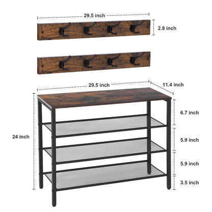 US Local 3-tier Shoe Rack With Grid Rack Wooden Rustic Foyer Shoe Rack With Coat Hook, Suitable For The Steel Frame Of The Living Room Mud Room At The Front Door Of The Corridor
