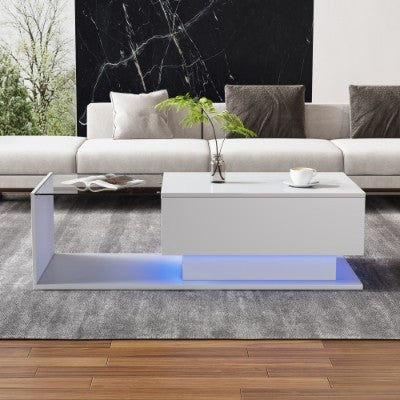 UK Local LED Coffee Table, Modern High Gloss Coffee Table, Center Table With Glass, Modern Coffee Table For Living Room With Drawer White