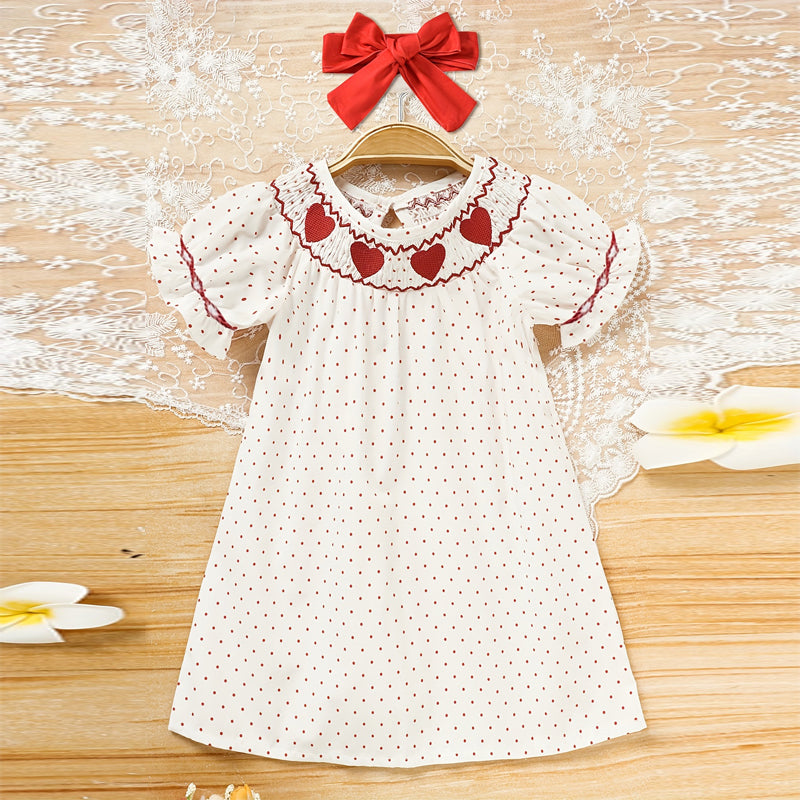 US Local Toddler Girl's Ruffle Sleeve Dress, Heart Embroidery & Polka Dot A-Line Dress With Back Button