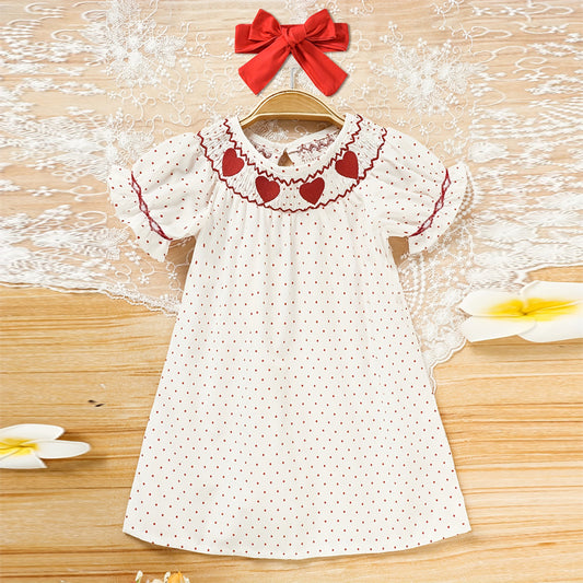 US Local Toddler Girl's Ruffle Sleeve Dress, Heart Embroidery & Polka Dot A-Line Dress With Back Button
