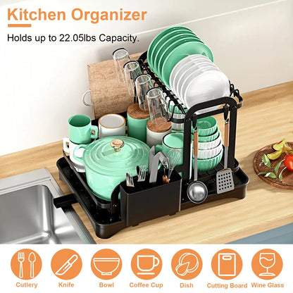 US Local 1Pc  2-Tier Dish Drying Rack For Kitchen Counter Space Saving Rustproof Dish Rack With Drainboard Detachable Kitchen Drainer Organizer Set With Utensil Holder Bowl Rack Dish Rack Chopping Board Rack