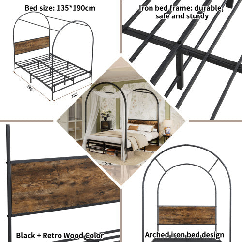 UK Local Metal Bed, 4ft6 Double Bed 135x190cm, Durable And Sturdy, Canopy Twin Bed, Iron Bed For Adults  Teenagers, Black Wood Color Bed Frame Only Drape Not Included