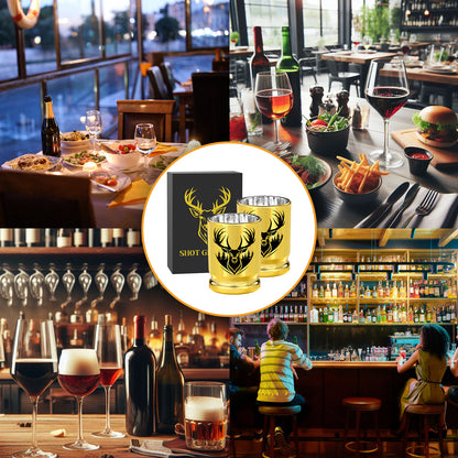 US Local 2 pcs  50 Caliber Deer Head Golden Plastic Wine Glasses With Gift Box - Leak Proof, Reusable - Stylish Animal Print Design, Suitable For Whiskey, Tequila, Etc