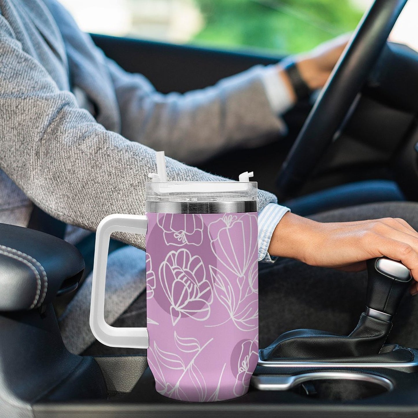 PHDT00373 POD US Local Tumbler 40 oz Large Capacity Car Cup Flowers, Pink Purple, Carving