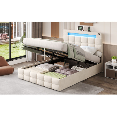 UK Local 4ft6 Double Upholstered Bed Frame With Hydraulic Storage, Velvet Ottoman Bed With LED Lighting And Charging Station, Double Bed With Adjustable Button Tufted Headboard, Beige