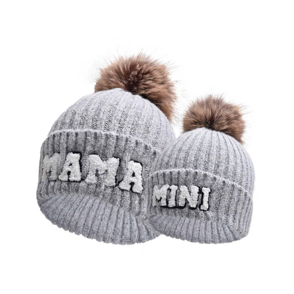Letter MAMA Woolen Cap Outdoor Fur Ball Warm Hat
