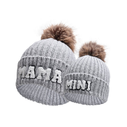 Letter MAMA Woolen Cap Outdoor Fur Ball Warm Hat