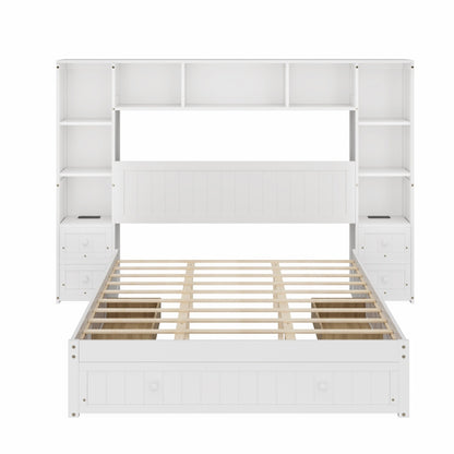 US Local Queen Size Pine Wood Platform Bed With All-In-One 2 Nightstand, Storage Shelf And Cabinet Bookcase With 2 Charging Stations, Multi-Functional Captain Bed Frame With 3 Drawers, No Box Spring Needed