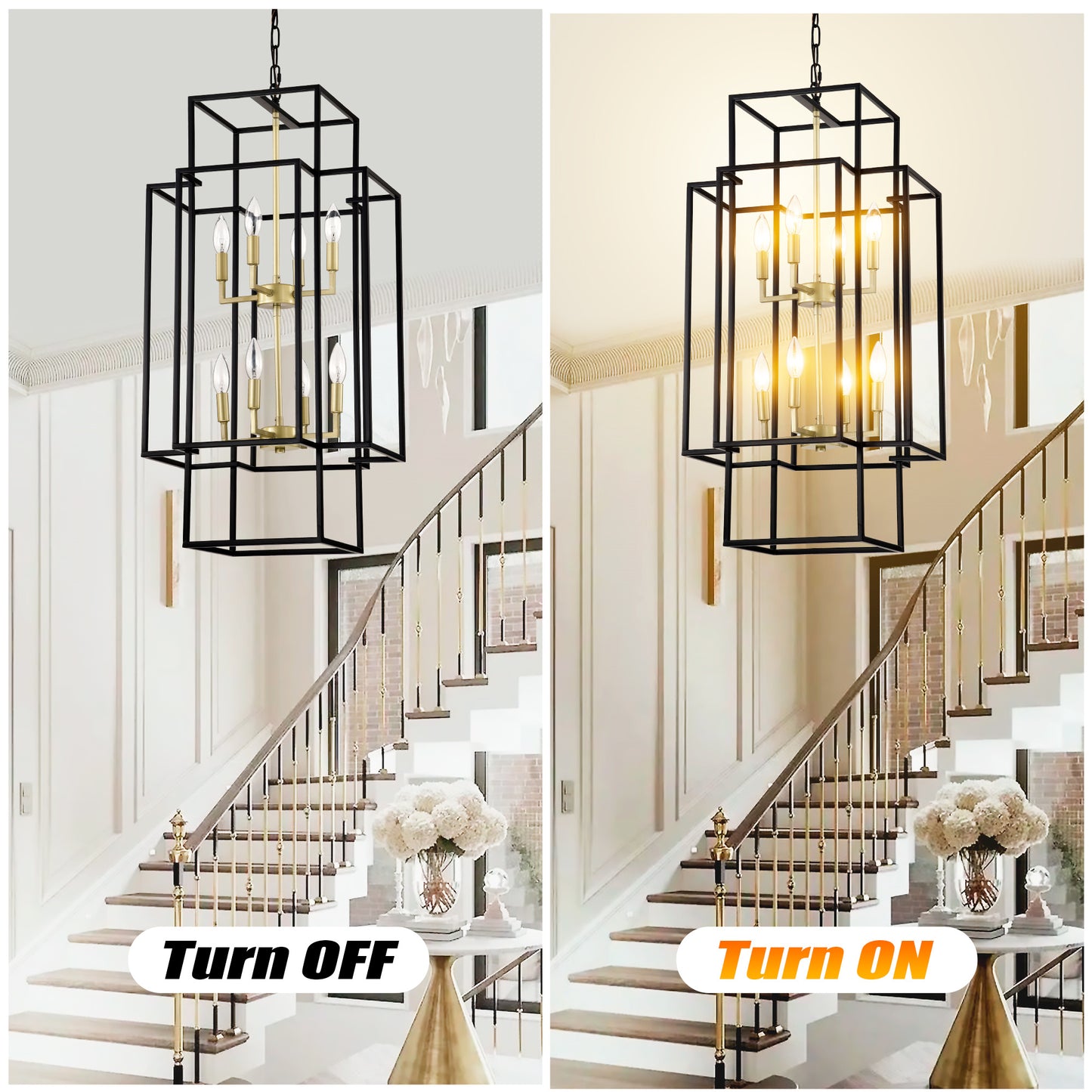 US Local 8-Light Metal Lantern Tiered Pendant Hanging Light Fixtures, Industrial Farmhouse Adjustable Height Chandeliers For Dining Room Hallway Foyer Entryway--Matte Black & Gold E12 Bulbs Not Included