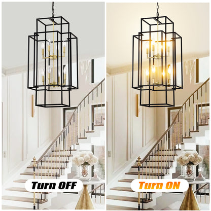 US Local 8-Light Metal Lantern Tiered Pendant Hanging Light Fixtures, Industrial Farmhouse Adjustable Height Chandeliers For Dining Room Hallway Foyer Entryway--Matte Black & Gold E12 Bulbs Not Included
