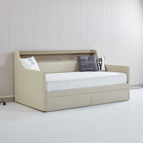 US Local Twin Size Daybed With Storage Drawers, Upholstered Daybed With Charging Station And LED Lights, Beige
