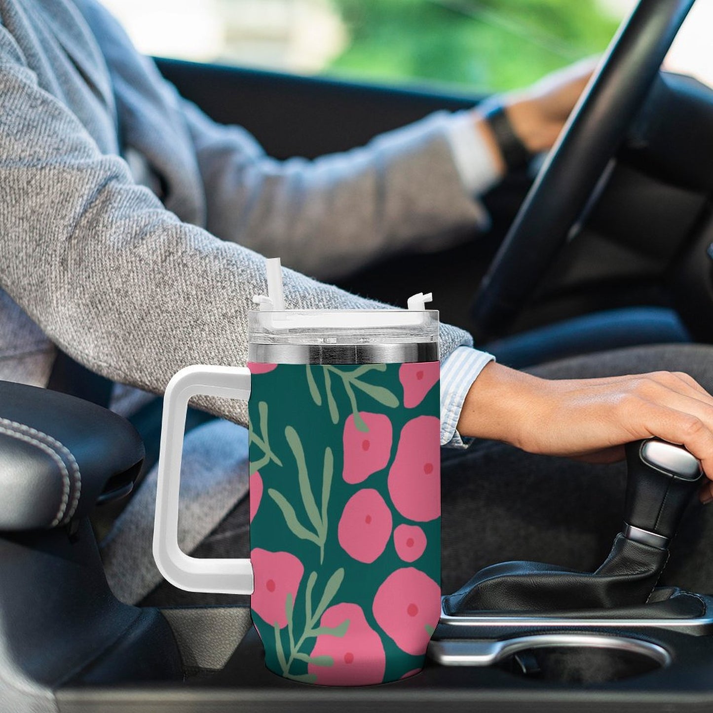 PHDT00424 POD US Local Tumbler 40 oz Large Capacity Car Cup Pink Green, Flowers, Leaves