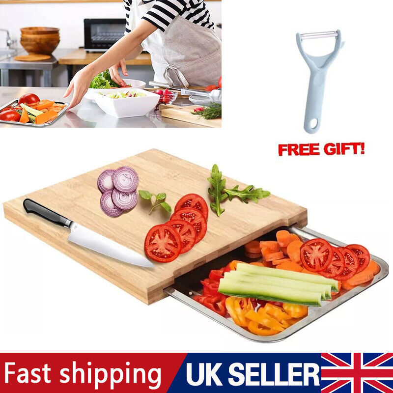UK Local Bamboo Wooden Chopping Board Cutting Slicing  Sliding Stainless Steel Tray
