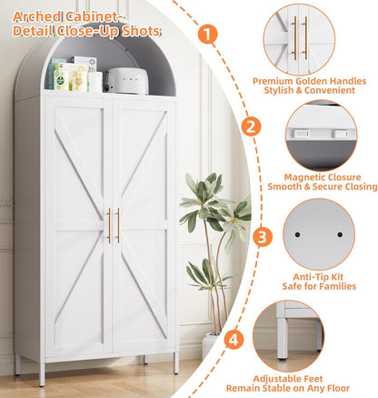 US Local Tall Kitchen Pantry Cabinet, Arched Storage Cabinet With Doors And Adjustable Shelves, White Freestanding Cupboard For Laundry, Dining Room, Living Room, Bathroom