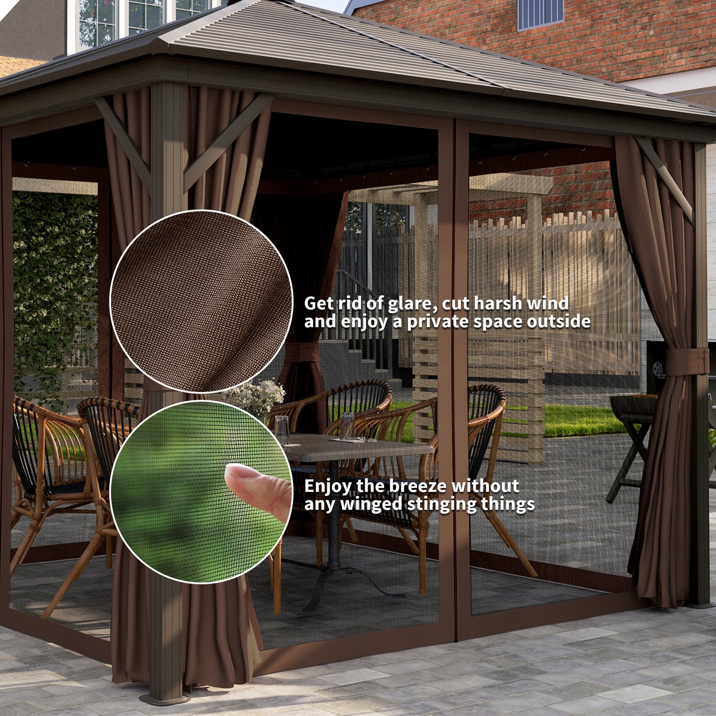 US Local 10x10 Hardtop Gazebo Canopy, Permanent Pavilion With Hook, Curtains, Aluminum Frame For Patio, Garden, Dark Brown