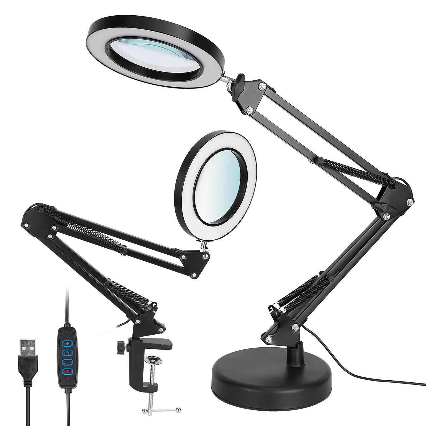 US Local 1Pack 2 In 1 LED Magnifier Desk Lamp 8x Magnifying Glass With Light Swing Arm Desk Table Light USB Reading Lamp With Clamp Stand 10 Brightness 3 Modes