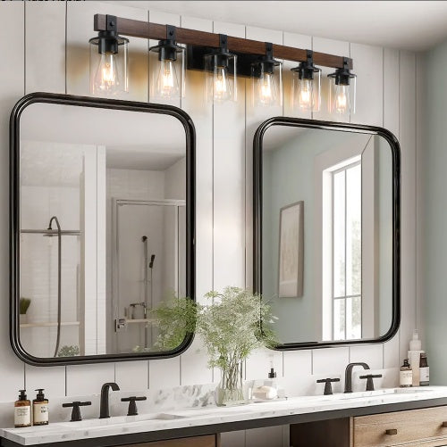 US Local 42 Rustic 6-Light Vanity Light, Industrial Bathroom Wall Sconce With Glass Shades And Wood Accent, Modern Farmhouse Lighting Fixture No Bulbs