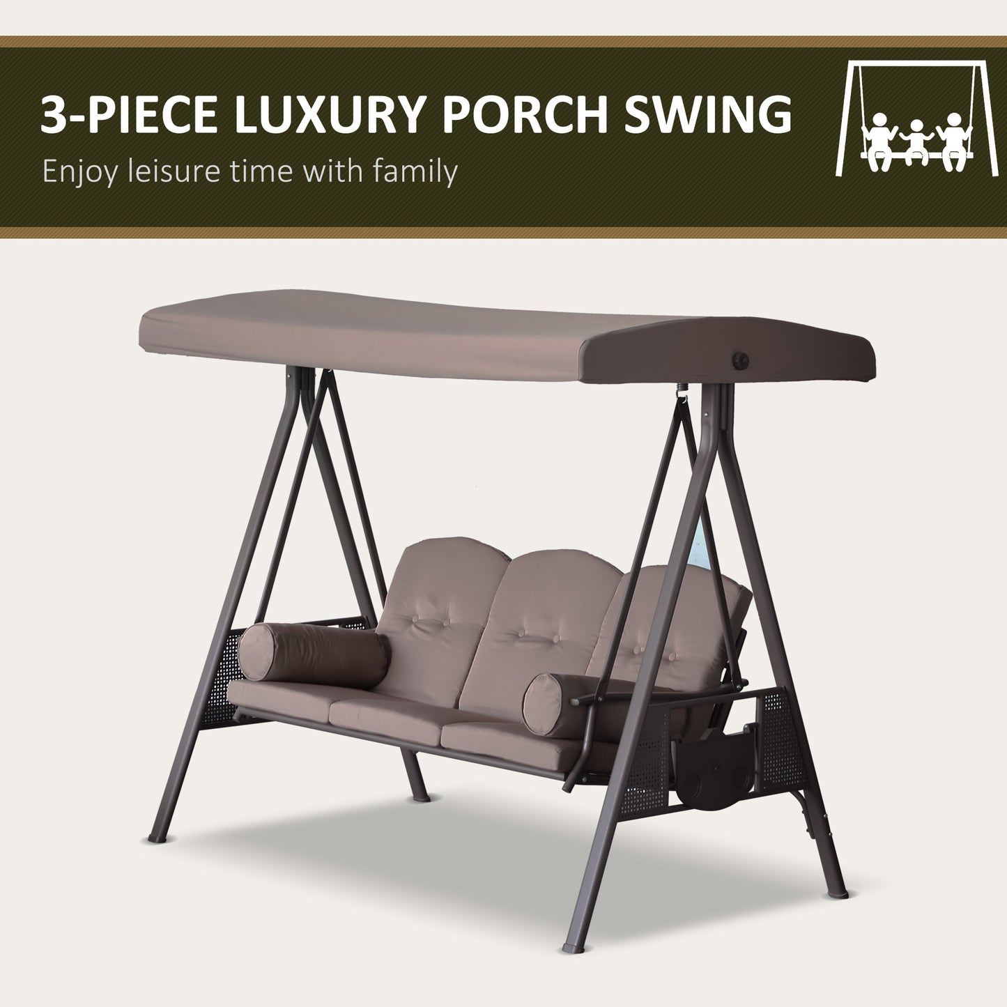 US Local Patio Swing Bench 3-Person Steel Canopy Cushioned With Side Trays Comfortable Brown