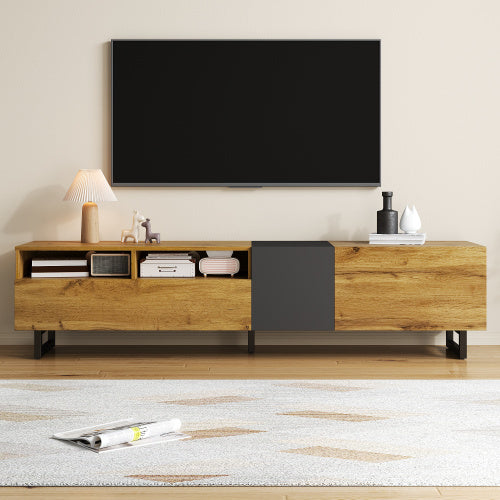 UK Local Colorblock TV Cabinet, Simple Contrasting Color Design, Three Doors And Two Compartments, U-Shaped Metal Legs, Retro Wood Grain